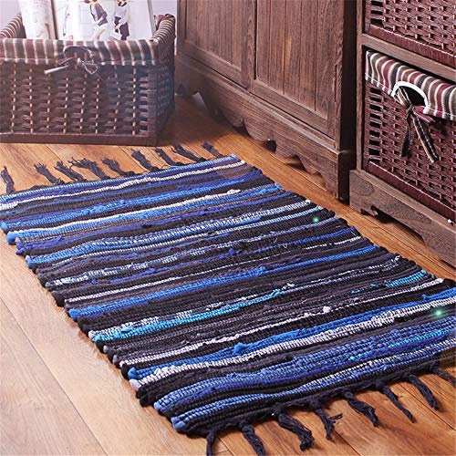 Alfombra Tejida a Mano con Borlas, Morbuy Algodón y Lino Estampadas Esterilla Lavable, Decorativo Manta Té Cuarto de Estar Alfombra Mesita Área de Alfombra (60x90cm,Azul)