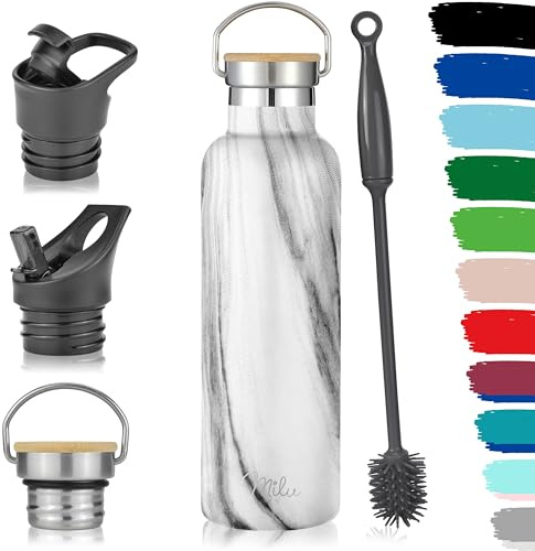 Milu Edelstahl Trinkflasche 500ml, 750ml, 1000ml (+3 Deckel) - Thermosflasche mit Strohhalm, Isolierte Wasserflasche, Auslaufsichere Isolierflasche doppelwandig, Kohlensäure geeignet (Marble, 750ml)