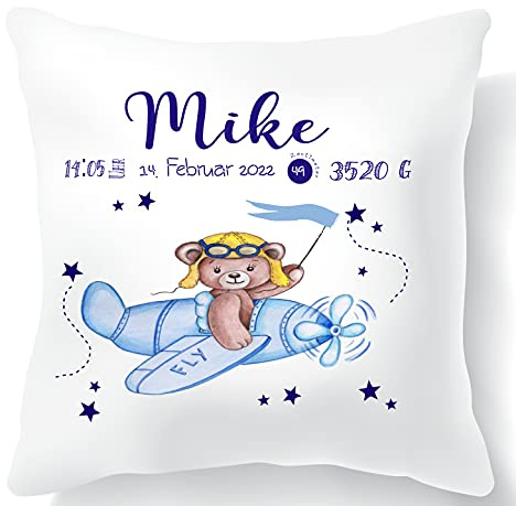 Personalisiertes Kissen zur Geburt Junge – Babygeschenk mit Namen & Geburtsdaten – Kuscheliges Namenskissen als Erinnerung – Personalisierte Geschenke zur Geburt für Jungen (Flugzeug)