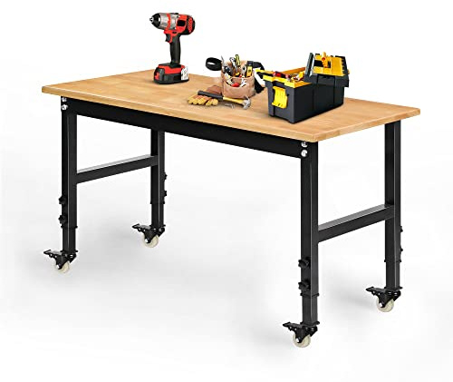 Betterhood 48 Heavy-Duty Adjustable Workbench for Garage, Rubber Wood Shop Table W/Metal Wheels, Hardwood Workstation Weight Capacity Over 2000 Lbs with Wheels