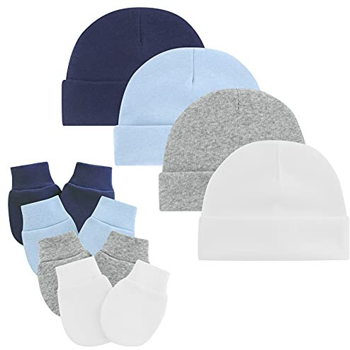 Century Star Neugeborenes Babymütze und Baby Handschuhe Set Baumwolle Beanie Unisex Mütze Baby Mädchen Jungen für 0-6 Monate 4er Set Weiß Hellblau Grau und Navy