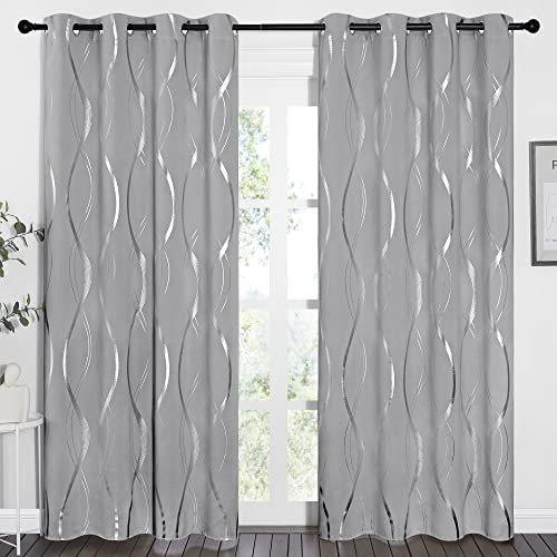 PONY DANCE Thermal Insulated Curtains for Bedroom - Energy Saving Foil Printed Blackout Curtains with Eyelet Door Curtains 84 Inch Drop Panels for Living Room, 52 Inch Wide, Silver Grey, 2 Panels