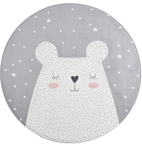 Primaflor - Ideen in Textil Moderner Kinderteppich Dreamland - Bär, Rund 100 cm Durchmesser, Weicher Spielteppich, Rutschhemmende Ultra Softe Spiel- und Krabbelmatte für Baby- und Kinderzimmer