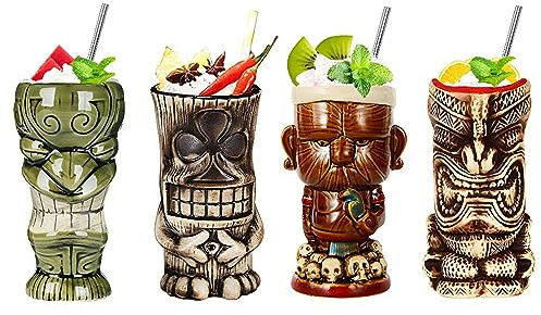 Morlinca Tiki-Becher 4er Cocktail-Set Keramik Tiki-Tassen Hawaii Tiki Party Kreative Cocktail Glas Bar Drinkware Premium Tropical Exotic,A13