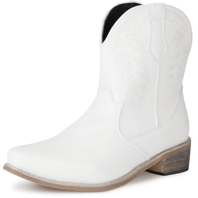 Remxi Stivaletti da cowboy da donna, bassi e spessi, a punta, in pelle sintetica, bianco, 42 EU