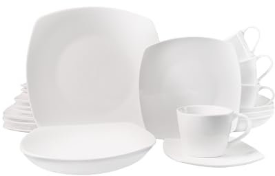 ECHTWERK Set combinato Classic da 20 pezzi - Design moderno - Elegante servizio da tavola in porcellana bianca con 4 piatti da portata, 4 piatti da dessert, 4 piatti fondi, 4 tazze da tè,