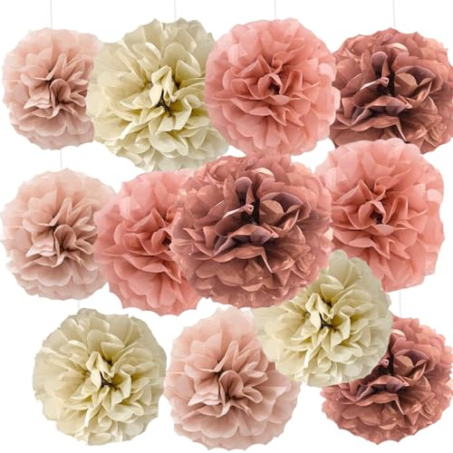 We Moment Blush Pink Rose Gold Tissue Paper Flowers Decorations for Boho Birthday Bridal Shower Wedding Bachelorette Baby Shower Party Decor Ceiling Wall Hanging Tissue Pom Poms 12pcs 4 Colors