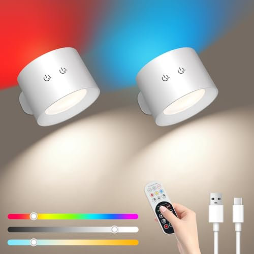 Ledronix Wall Light Indoor, LED Lamp With Remote Control, Dimmable RGB Ambient Lighting, Rechargeable Reading Light, Timer Function Touch Control 360° Rotatable Up and Down, 2 Pcs