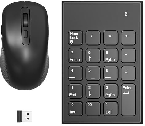 Pavé numérique et souris sans fil, ultra fin 2,4 GHz, 19 touches, clavier numérique avec 3 DPI réglables, extension de clavier portable et silencieux, pour ordinateur portable, PC, ordinateur de