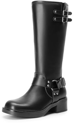 DREAM PAIRS Women's Moto Knee High Boots,Black-Pu,7