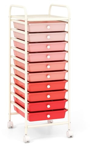 COSTWAY Rullvagn med lådor, rullcontainer för badrum, badrumshylla, sidovagn med 10 stapelbara lådor, metallram (rosa gradering)