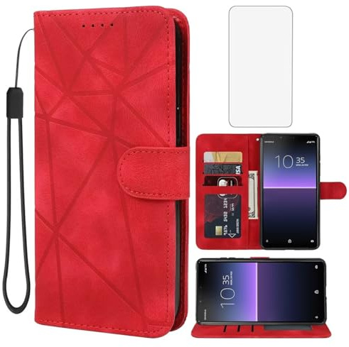 Wanyuexes Case for Xperia 10 II Case, Sony 10 II XQ-AU51 Wallet Case with Tempered Glass Screen Protector, Skin Feel PU Leather Flip Credit Card Holder Stand Phone Cover for Sony Xperia 10 II Red