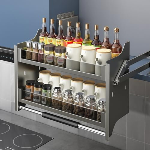 CLLBANT Küchen-Organizer, 2-stufiges herunterziehbares Geschirr- und Gewürzregalsystem für Küchenoberschränke, Robustes herunterklappbares Metallregal, 4 Traggewichtseinstellungen (Farbe: