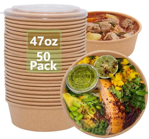 47OZ Extra Large Paper Bowls Disposable w/Lids, 50PK Leakproof Meal Prep Food Container Microwave, Disposable Salad Bowls w/Lids To Go for Party Restaurants Family