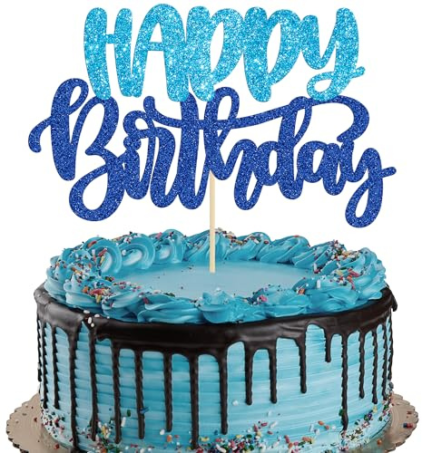 Gyufise 1Pcs Happy Birthday Cake Topper Glitter Cake Pick for Celebrating Anniversary Theme Party Cake Decorations Supplies Blue