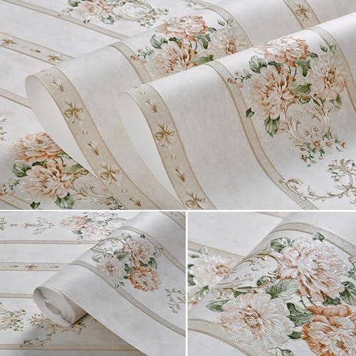Tapete Selbstklebend Blumen Vintage Grün/weiß/beige Retro Wandaufkleber Vliestapete Peel and Stick Wallpaper Floral Wandpapier for Glatte Wand Wohnzimmer Schlafzimmer und Büro(18,53x1000cm/20.8x393.7i