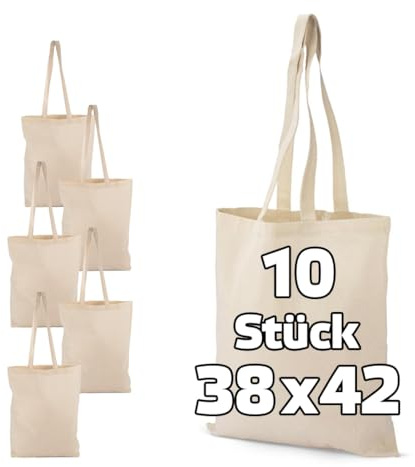 WPRO 10x Baumwolltasche Stofftasche 38x42cm – Lange Henkel, unbedruckt, wiederverwendbar, ökologisch – Ideal zum Selbstgestalten & Bemalen