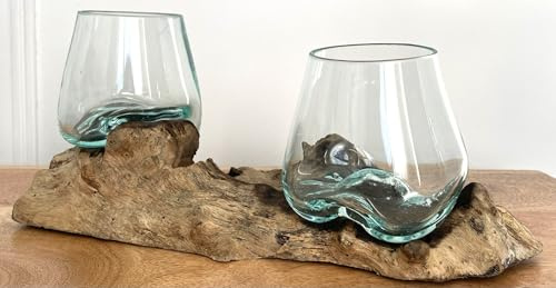 My Square Mile Molten Glass Round Decorative Bowl On Wood Root Stand Glass Rustic Ornament Sculpture Key Sweet Display Dish (Double 27cm)