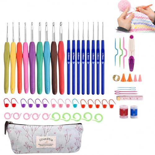 CZAYEFNH Aiguilles à Crochet Set，Set de Crochets Complet，58 Outils de Crochet，9 Crochets Ergonomiques Croche en Aluminium et Plastique Idéal pour Adultes et Débutants