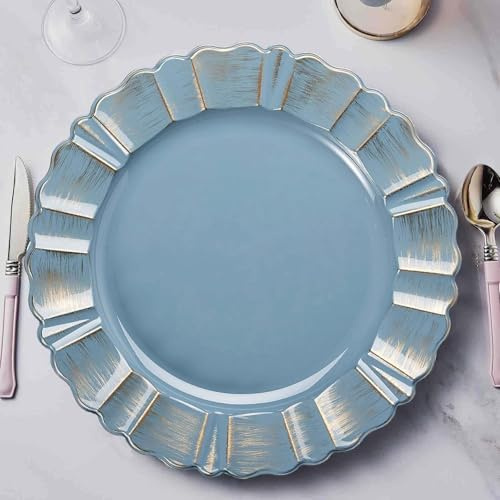 Efavormart 12-Pack Dusty Blue Gold Brushed Scalloped Charger Plates - 13 Round Bulk Underplates for Large Coastal Weddings and Themed Events