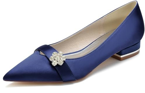 HXTYXCQ Zapatos De Vestir De Boda Sin Cordones para Mujer Bailarinas De Tacón Bajo con Diamantes De Imitación Zapatos De Fiesta De Graduación con Punta Puntiaguda para La Novia,Armada,38.5 EU