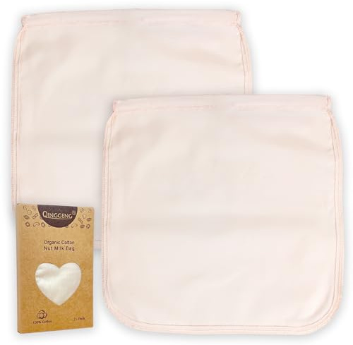 QINGGENG Organic Cotton Nut Milk Bag, Reusable Strainer Bag for Almond and Oat Milk, Juice, Yoghurt, Sturdy Cheese Cloths Bag 30 x 30 cm, Pack of 2
