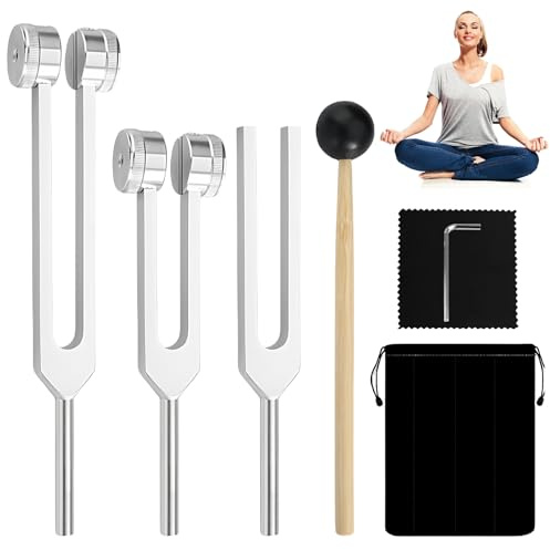 LEKEFETO Stämgaffelset, stämgaffel neurologi med liten hammare, stämgafflar för helande (128 Hz, 256 Hz, 512 Hz), stämgaffelterapi, för terapi, chakraterapi, ljudterapi, anti-stress