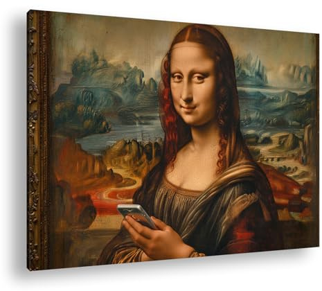 deyoli Leinwandbild Mona Lisa 2.0 – Zeitloses Lächeln mit Smartphone. Format: 70x50cm XXL Kunstdruck Bild auf Holzrahmen/Wandbild/Wohnzimmer Dekoration