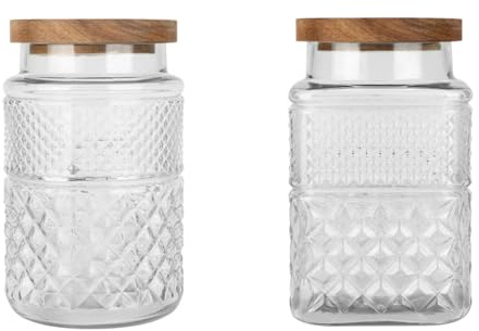 60FL OZ/2000ML - 2 PCS Glass Storage Jar with Acacia wooden cover Lids,Kitchen Containers Cereal Canisters Decorative Jar for Sugar,Flour,Candy,Tea,Coffee Beans,Oats,Pasta (2000ML Round and Square)