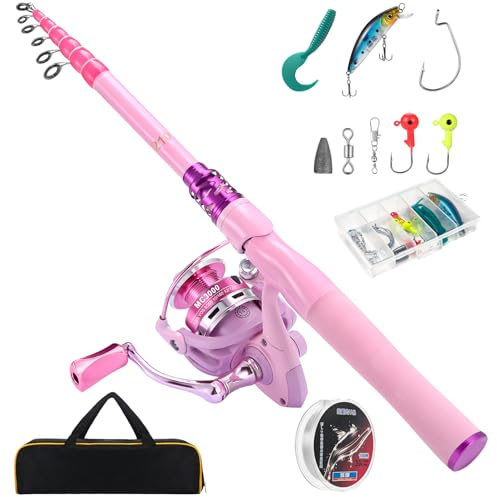 Castaroud Angelruten-Set für Damen, Kohlefaser, Teleskop-Angelrute und Spule, Combos mit Spinnrolle, Angelschnur, Angelköder, Reisetasche für Damen oder Mädchen, Angelrute