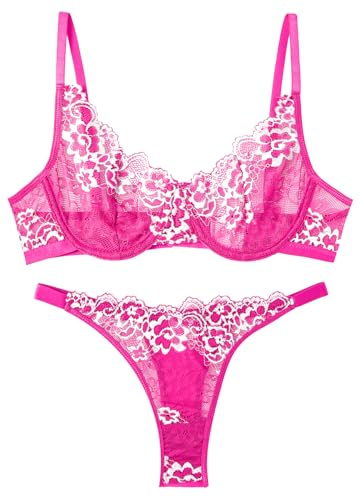 AIEOE Ensemble de lingerie sexy pour femmes - Sous-vêtements pour dames - Soutien-gorge en maille transparente avec armatures - Tanga - String en dentelle - Soutien-gorge push-up - Sous-vêtements