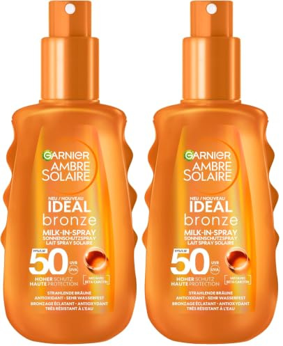 Garnier UV-Sonnenschutzspray für eine strahlende Bräune, Sehr hoher Sonnenschutz mit LSF 50, Wasserfest, Ambre Solaire Ideal Bronze Milk-in-Spray, 1 x 150 ml (Packung mit 2)