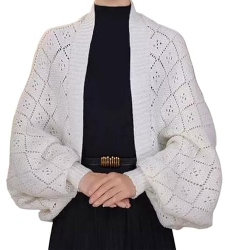 Ihålig stickad sjalkappa, lätt och sloppig stickad överdel for kvinnor, omlottkofta, virkad poncho, stickad sjalkappa(White)