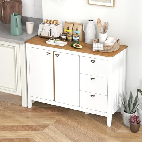 COSTWAY Küchenschrank mit 2 Türen & 3 Schubladen, Sideboard aus Holz, Buffetschrank freistehend mit verstellbaren Regalen, Aufbewahrungsschrank für Wohnzimmer, Esszimmer, 106 x 40 x 80 cm, Weiß