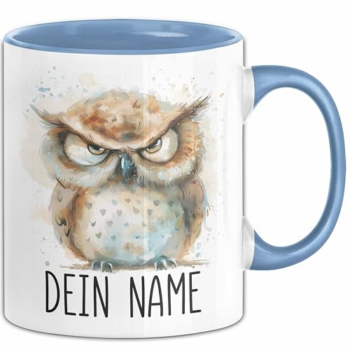 Eule Tasse mit Namen – Personalisierte Tasse Geburtstag Geschenkidee süßes Eulemotiv Grumpy Lustige Namenstasse (Blau)