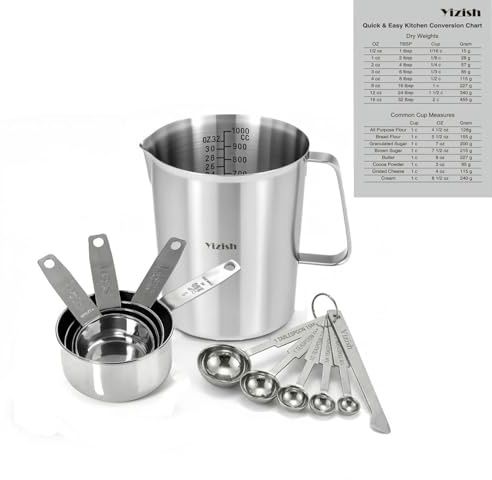 12-teilige Messbecher und Löffel Set, 1L 304 Edelstahl Mixbecher mit Umrechnungstabelle, Heavy Duty Backwerkzeuge für Flüssige und Trockene Zutaten, Küche Kochen & Backen