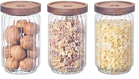 Eden & Willow Ribbed Airtight Glass Kitchen Storage Jar with Acacia Wooden Lid - Pantry Organisation Canisters for Coffee, Tea, Sugar, Flour, Pasta, Spices, Grains, Oats (3, 750ml)