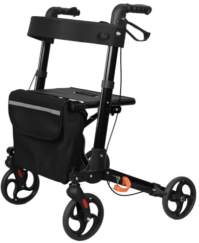 Rollator Faltbar mit Sitz und Rückenlehne, Aluminium Rollator Walker Höhenverstellbar für Senioren Erwachsene, All Terrain Räder mit 3 Modi Bremssystem, Leichtgewicht Gehhilfe für Outdoor (Schwarz)