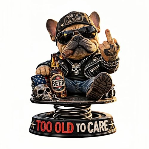 Too Old to Care Biker Bulldog Wackelkopf Lustige Auto Armaturenbrett Figur mit Mittelfinger gefedert 15cm
