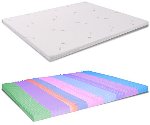 Topper Memory Foam Double 170 x 190 cm épaisseur 5 cm avec revêtement déhoussable en Aloe Vera – Correcteur bossage pour matelas double en mousse viscoélastique Topper déhoussable pour lit à 9 zones