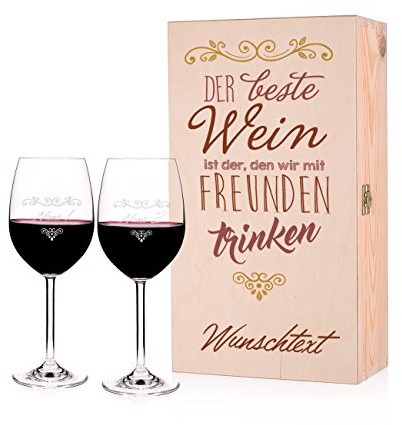Leonardo 2 gravierte Weingläser - Motiv Beste Freunde - in beeindruckender Holzverpackung