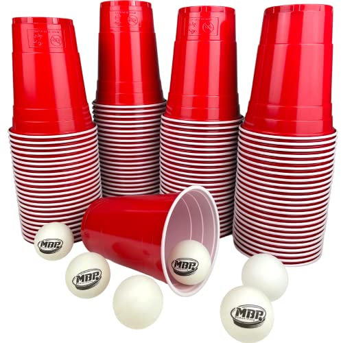 MYBEERPONG® Rotes Bierpong Becher Set | 100 Red Cups + 6 Beer Pong Bälle | 16 oz (~ 0,5 l) | Party Becher für Feier, Festival & als Geschenk