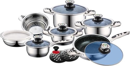 Royal Swiss® Batterie de Cuisine Inox 10 Pièces – Casseroles & Poêles avec Couvercles en Verre – Tous Feux – Acier Inoxydable Durable (16 pcs)