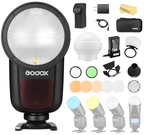 GODOX V1-C Blitz für Canon Rundkopf Kamerablitz Speedlite TTL Speedlight 2.4G Wireless System 1/8000s High-Speed Sync, 2600 mAh Lithiumbatterie,mit AK-R1 AK-R22 Zubehör