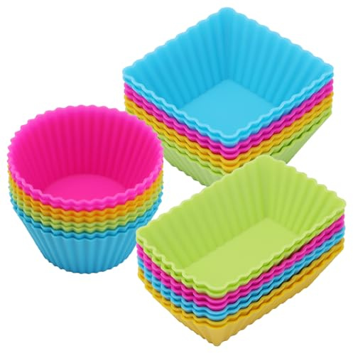 24Pack Silicone Muffin Cups, Reusable Cupcake Liners Molds for Baking, 3 Shapes Lunch Box Bento Dividers-Round, Square, and Rectangular (Colorsful, Regular Size)