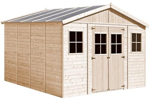 Abri de Jardin en Bois Exterieur avec Plancher IMPRÉGNÉ - Chalet en Pin/épicéa- H246 x 418 x 420 cm/ 16 m²-Construction de Panneaux - Rangement pour vélos, Remise à Outils- TIMBELA M330+M330G