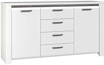 FORTE Brugia Kommode mit 2 Türen und 4 Schubladen, Holzwerkstoff, Weiß kombiniert mit Betonoptik Dunkelgrau/Weiß Hochglanz, 75 x 88,7 x 161,1 cm