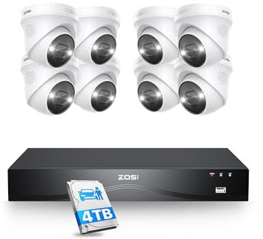 ZOSI 4K Überwachungskamera Set Aussen, 8X 8MP PoE Outdoor Kamera mit Personenerkennung, 4TB HDD NVR auf 32CH Erweiterbar, 24/7 Videoüberwachung, C225