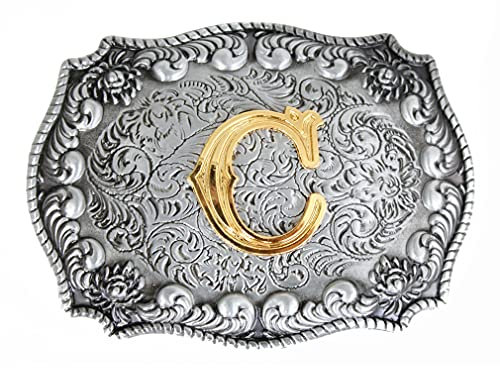 Western-Cowboy-Gürtelschnalle mit 3D-Buchstabe, Buchstabe A~Z (außer H und V) für Damen und Herren, C, Large