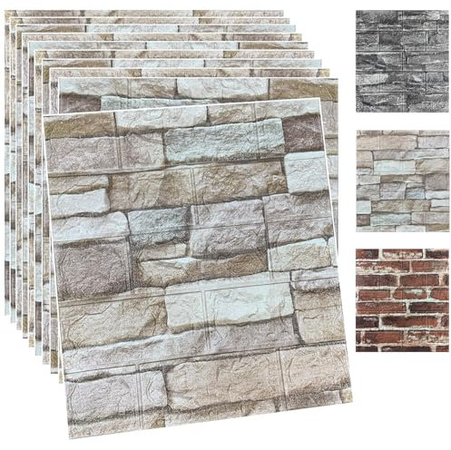 Lot de 20 panneaux muraux 3D en mousse auto-adhésif - Motif briques 3D - Papier peint auto-adhésif (20 pièces - Roche)